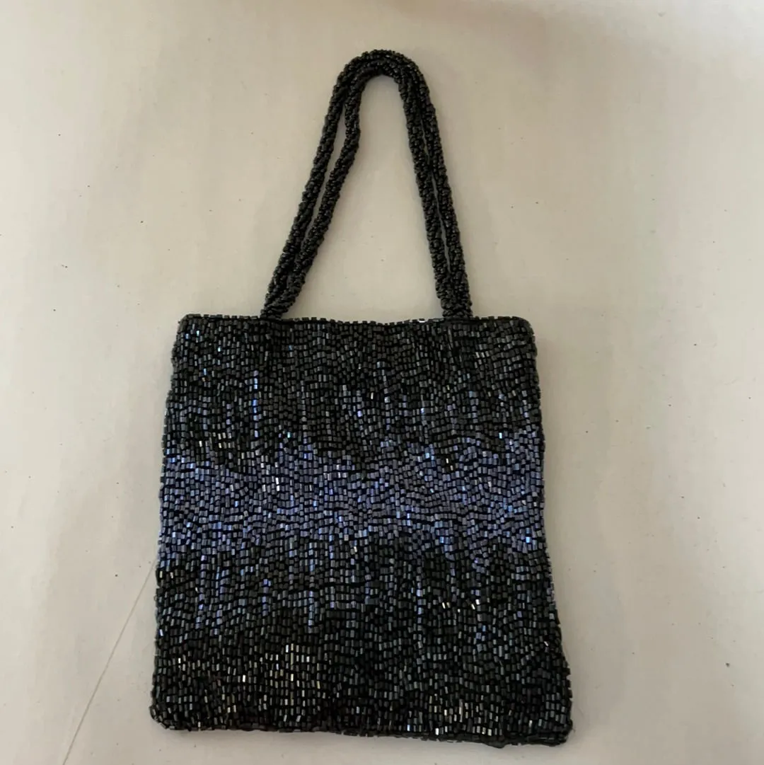 €€ Small Black & Blue Beaded Purse Bag Formal Evening