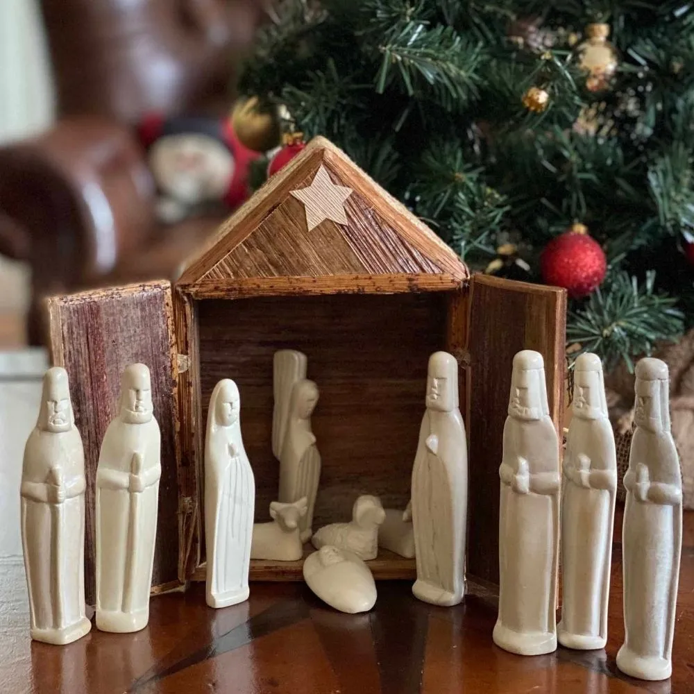 13-Piece Soapstone Nativity and Banana Fiber Barn Set