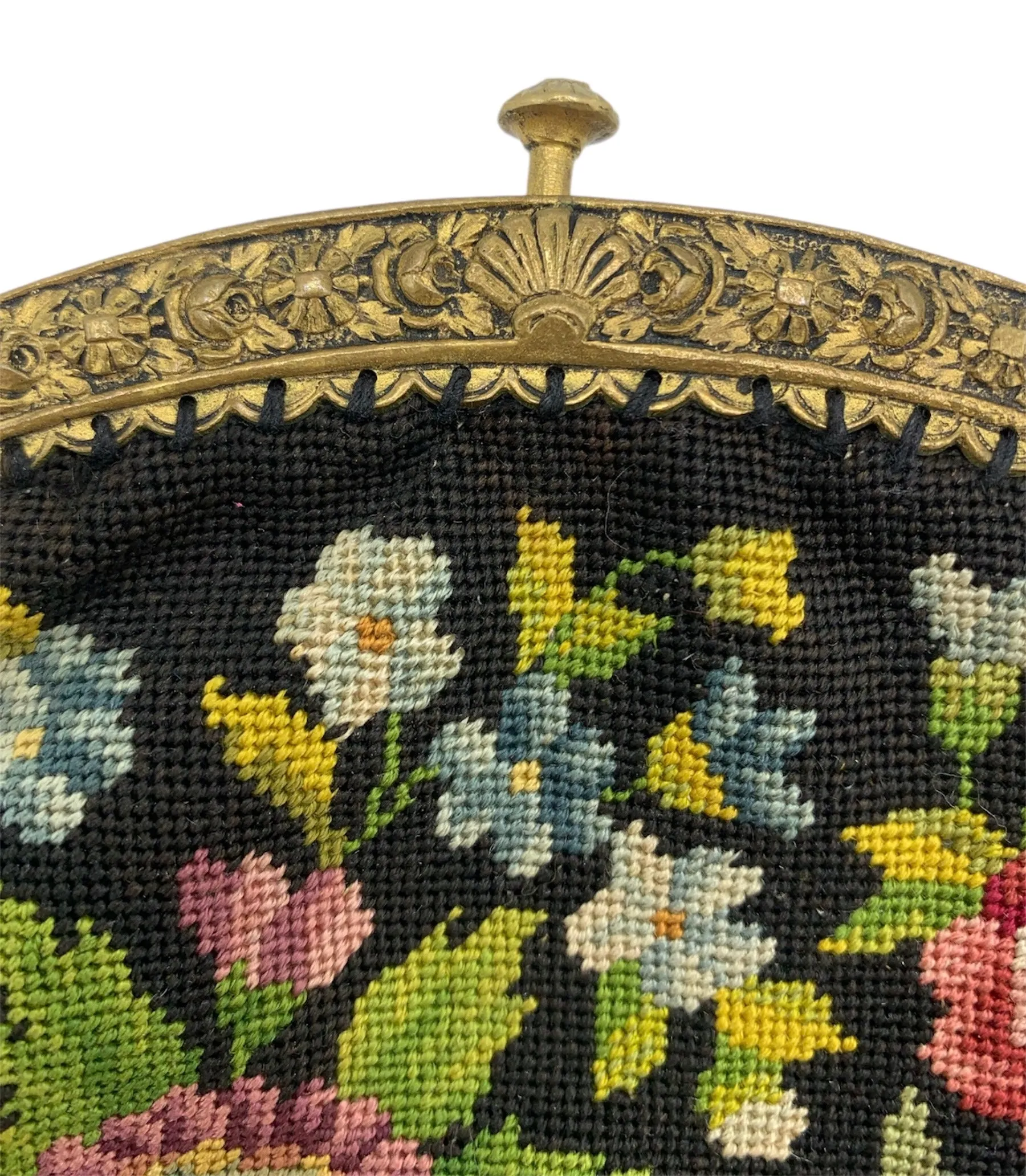 20s Black Floral Petit Point Purse with Gold Repoussé Frame