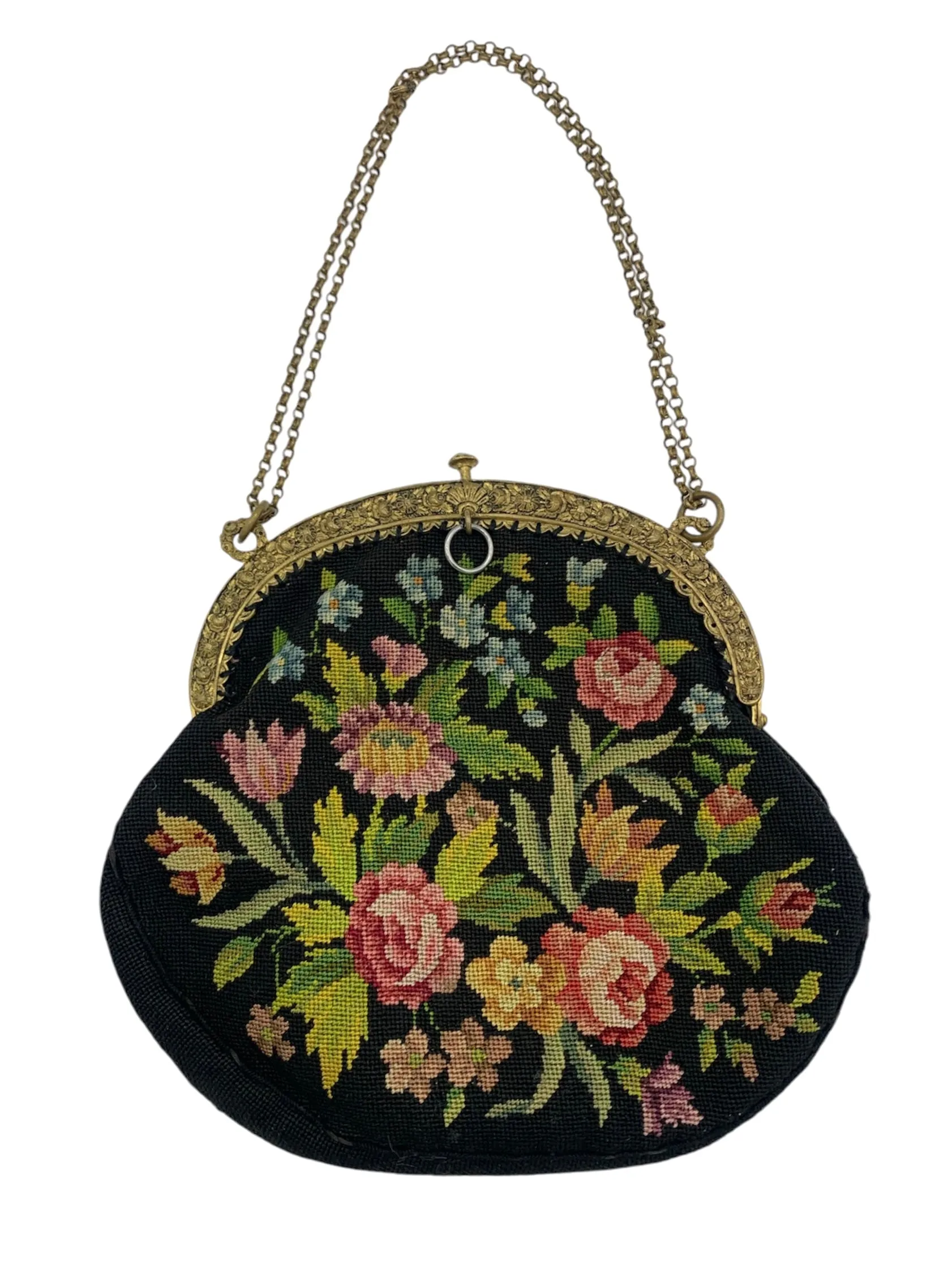 20s Black Floral Petit Point Purse with Gold Repoussé Frame