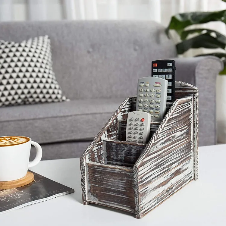 4-Slot Torched Wood Remote Control Storage Caddy