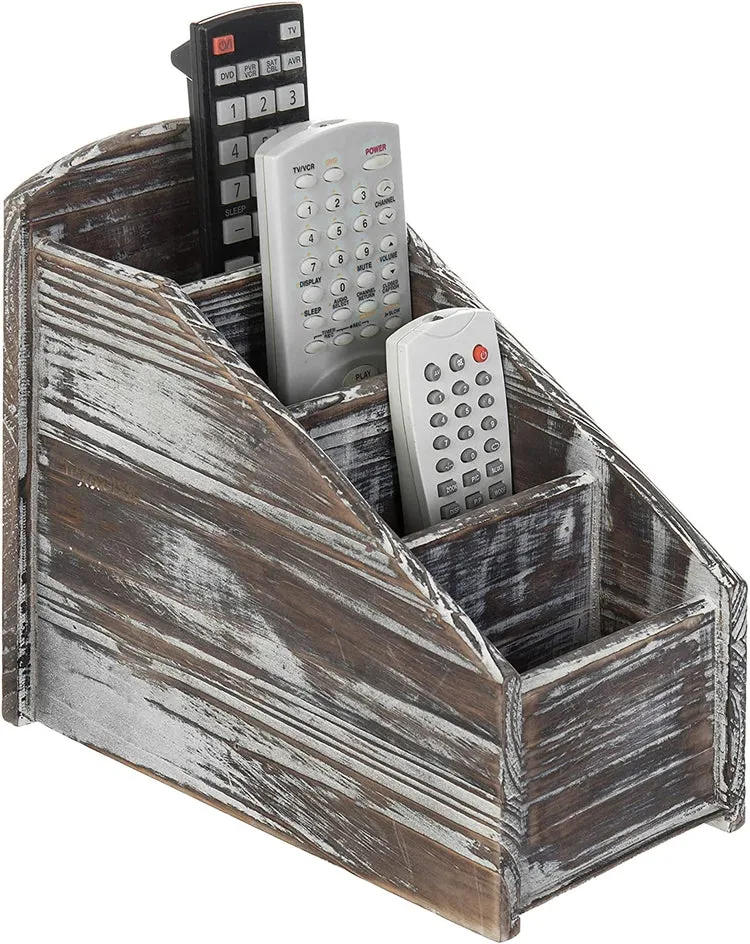 4-Slot Torched Wood Remote Control Storage Caddy