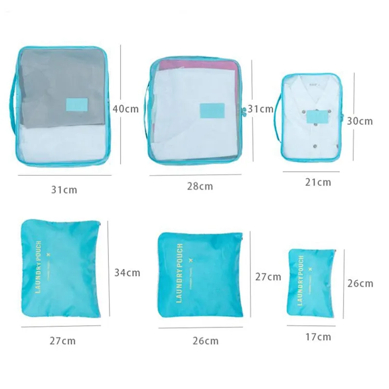 6pcs/set Men and Women Luggage Travel Bags Packing Cubes Organizer Fashion Double Zipper Waterproof Polyester Bag