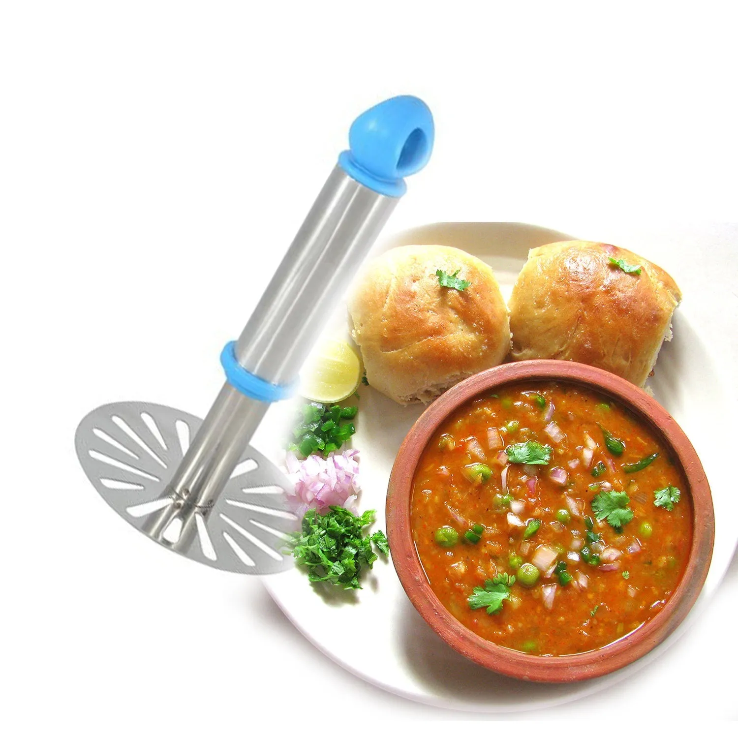 8123 Ganesh Potato / Pav Bhaji Masher with Plastic Handle, Silver & Plastic - Oval Pav Masher, Potato 1-Piece, Smasher Handle, Multicolor