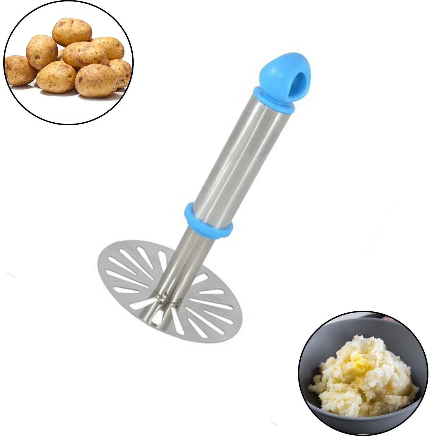 8123 Ganesh Potato / Pav Bhaji Masher with Plastic Handle, Silver & Plastic - Oval Pav Masher, Potato 1-Piece, Smasher Handle, Multicolor