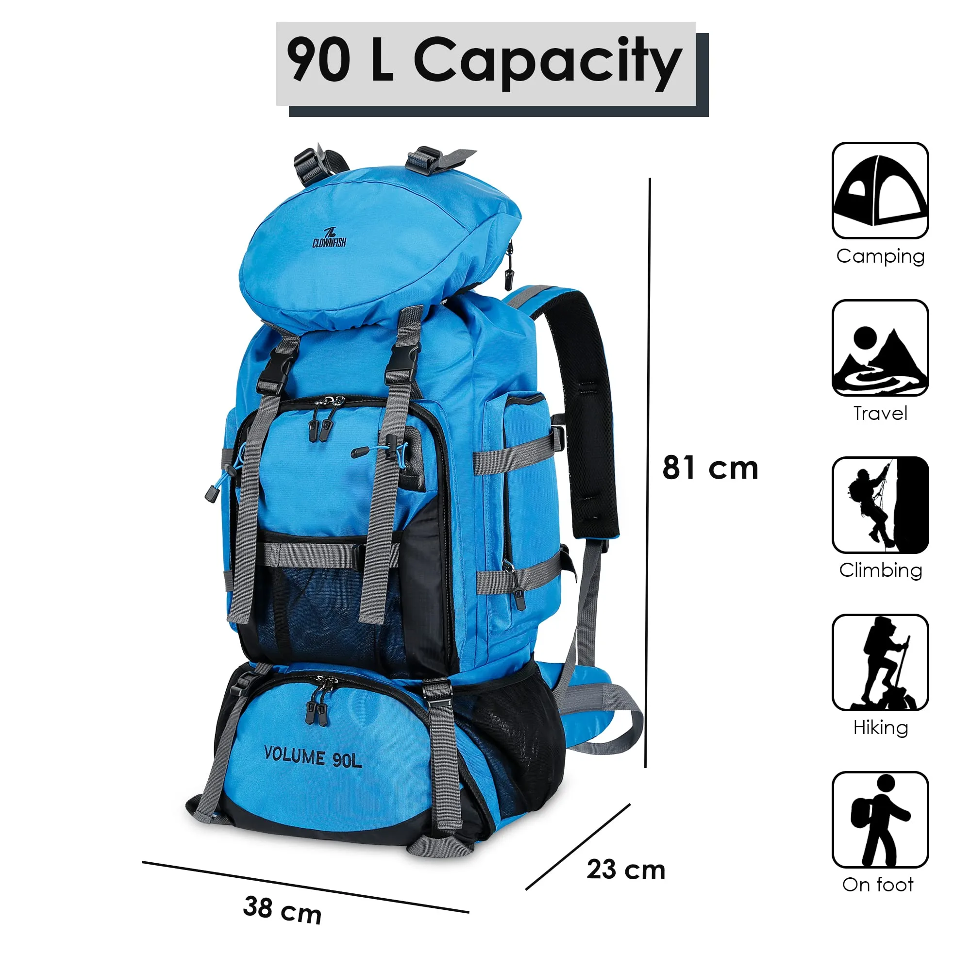 90 Litres Hiking Backpack - Spacious, Water-Resistant | For Travel & Outdoor Use | Sky Blue