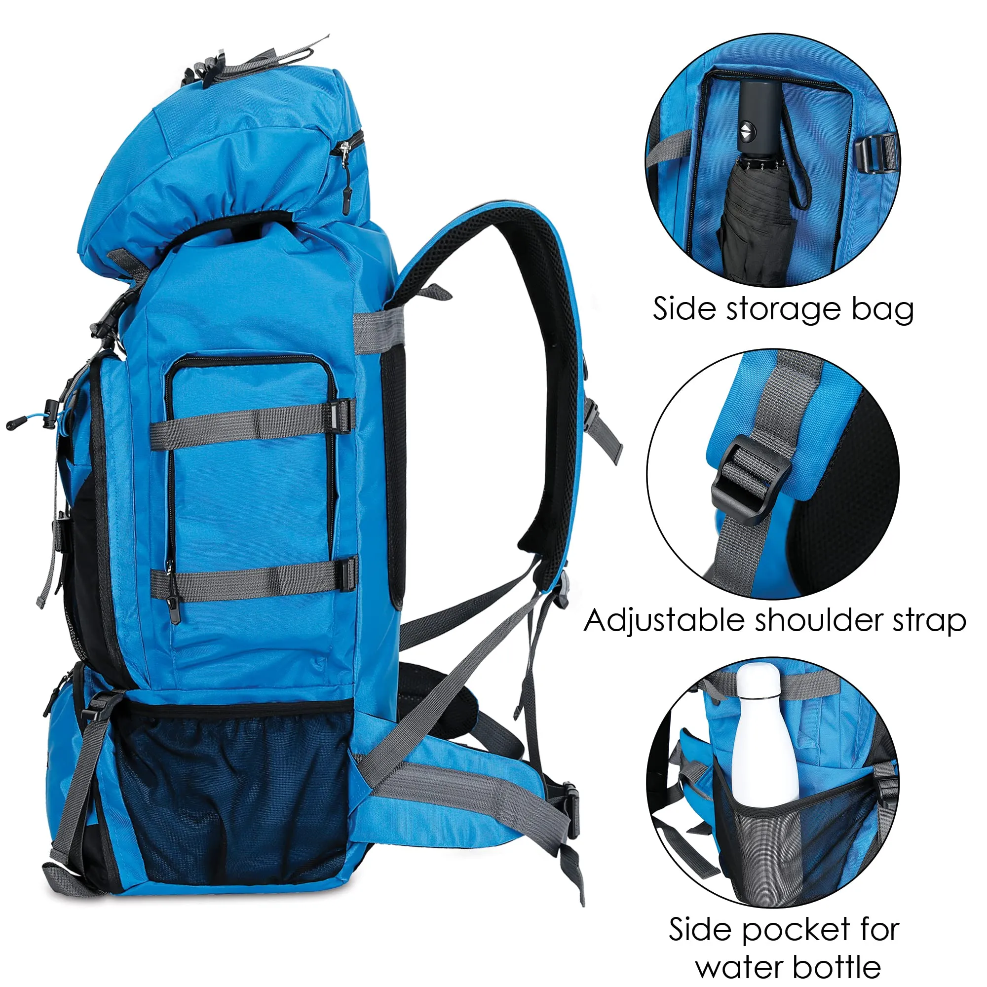 90 Litres Hiking Backpack - Spacious, Water-Resistant | For Travel & Outdoor Use | Sky Blue