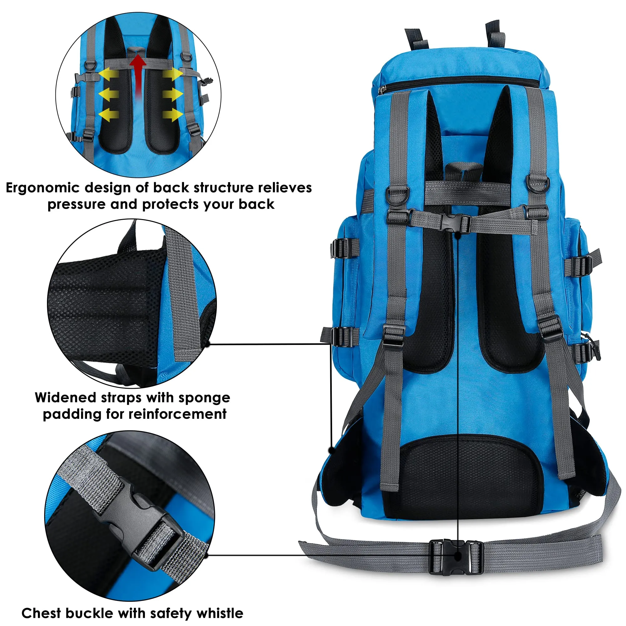 90 Litres Hiking Backpack - Spacious, Water-Resistant | For Travel & Outdoor Use | Sky Blue