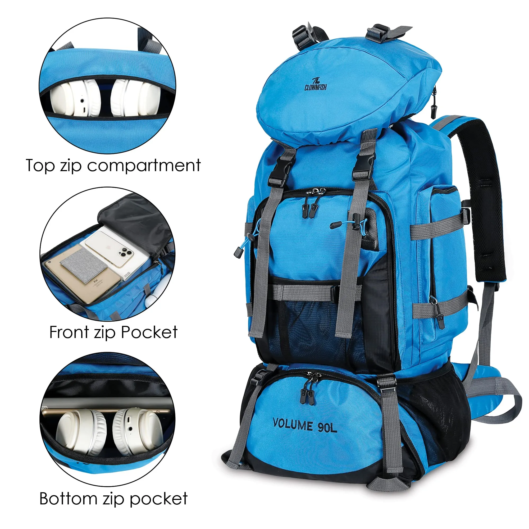 90 Litres Hiking Backpack - Spacious, Water-Resistant | For Travel & Outdoor Use | Sky Blue