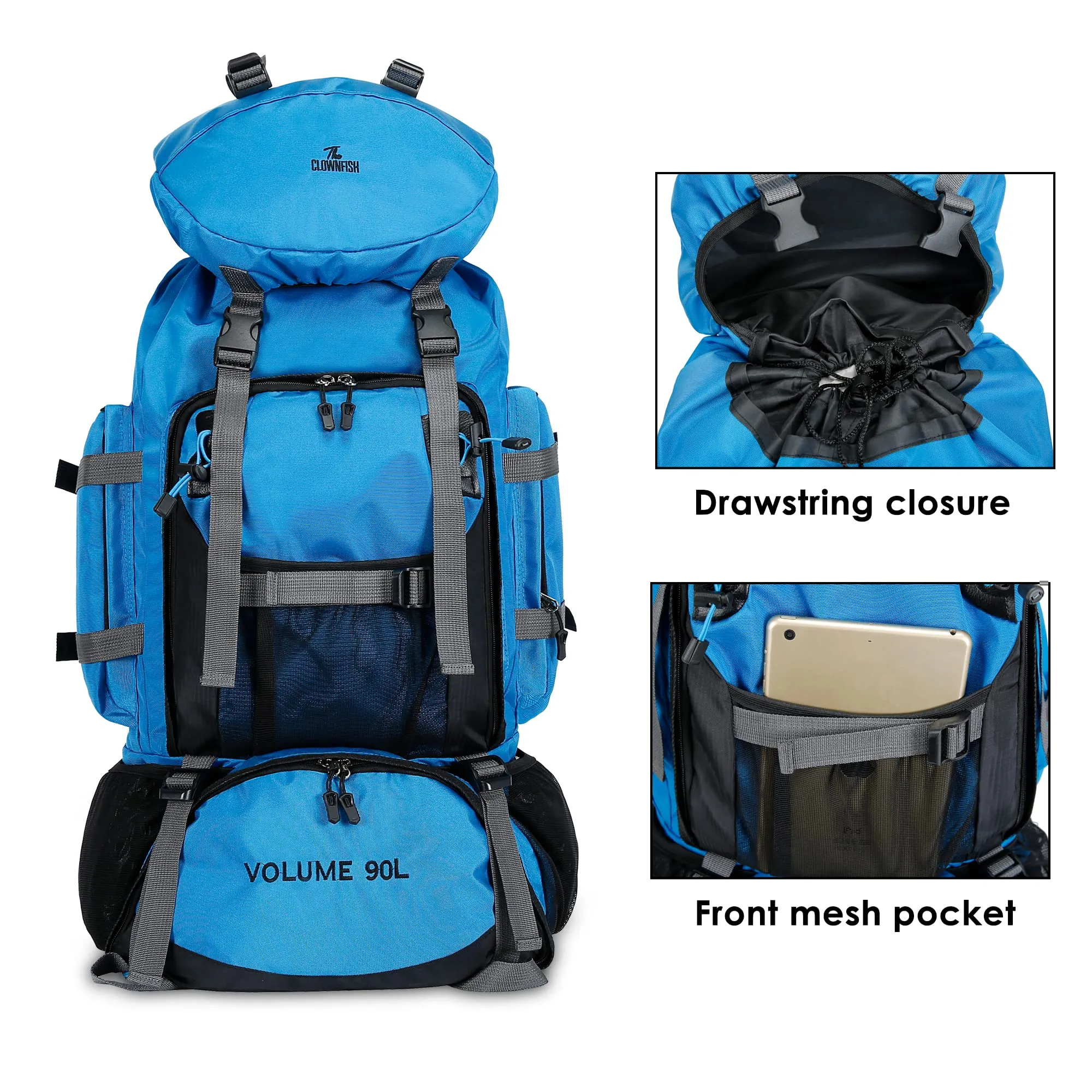 90 Litres Hiking Backpack - Spacious, Water-Resistant | For Travel & Outdoor Use | Sky Blue