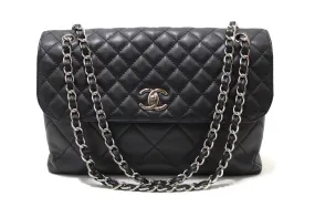 Authentic Chanel Classic Black Single Flap Calfskin leather "In the Business" Maxi Shoulder Chain Bag