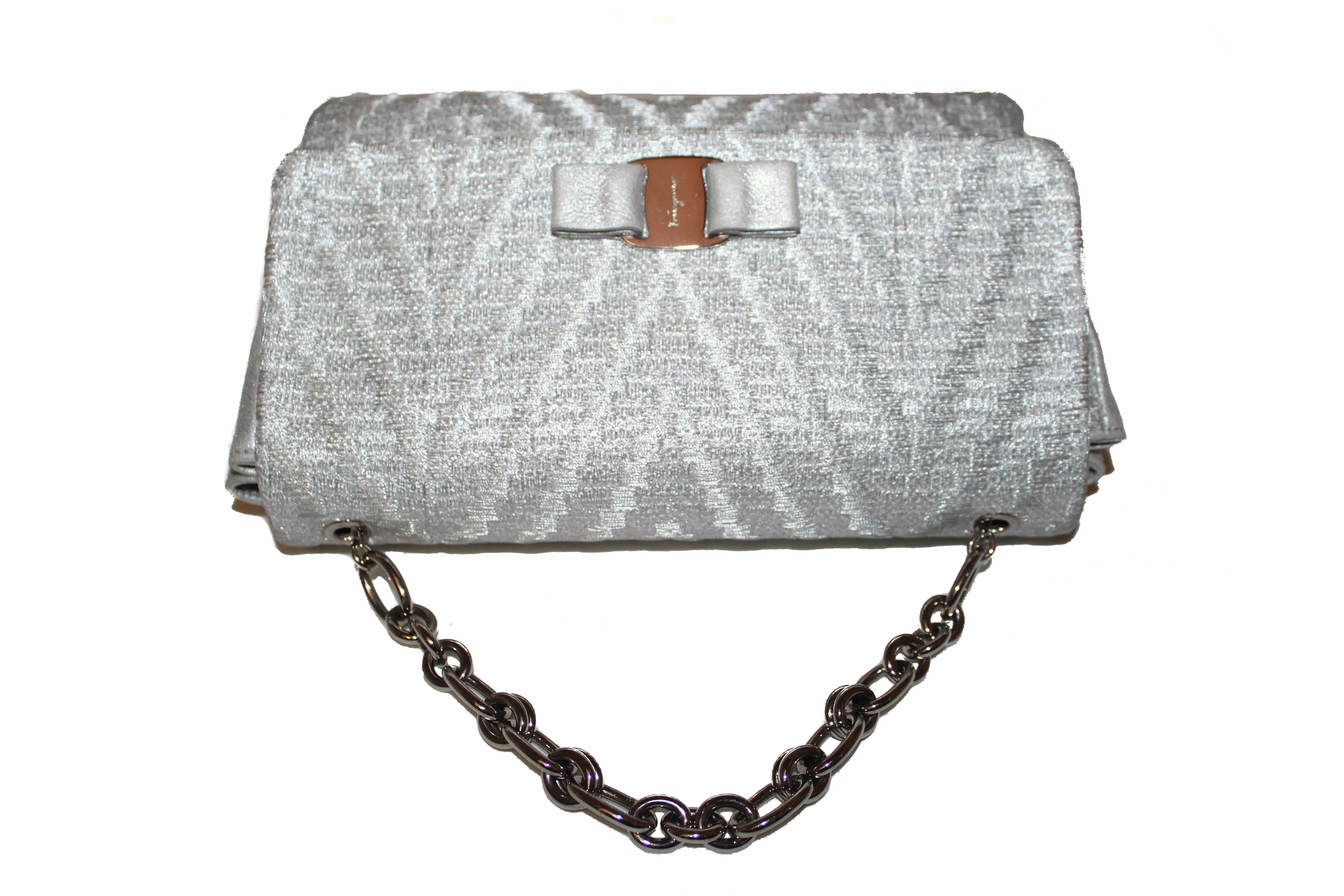 Authentic Salvatore Ferragamo Metallic Silver Tweed & Leather Clutch with Silver Chain Bag AU-21/G193