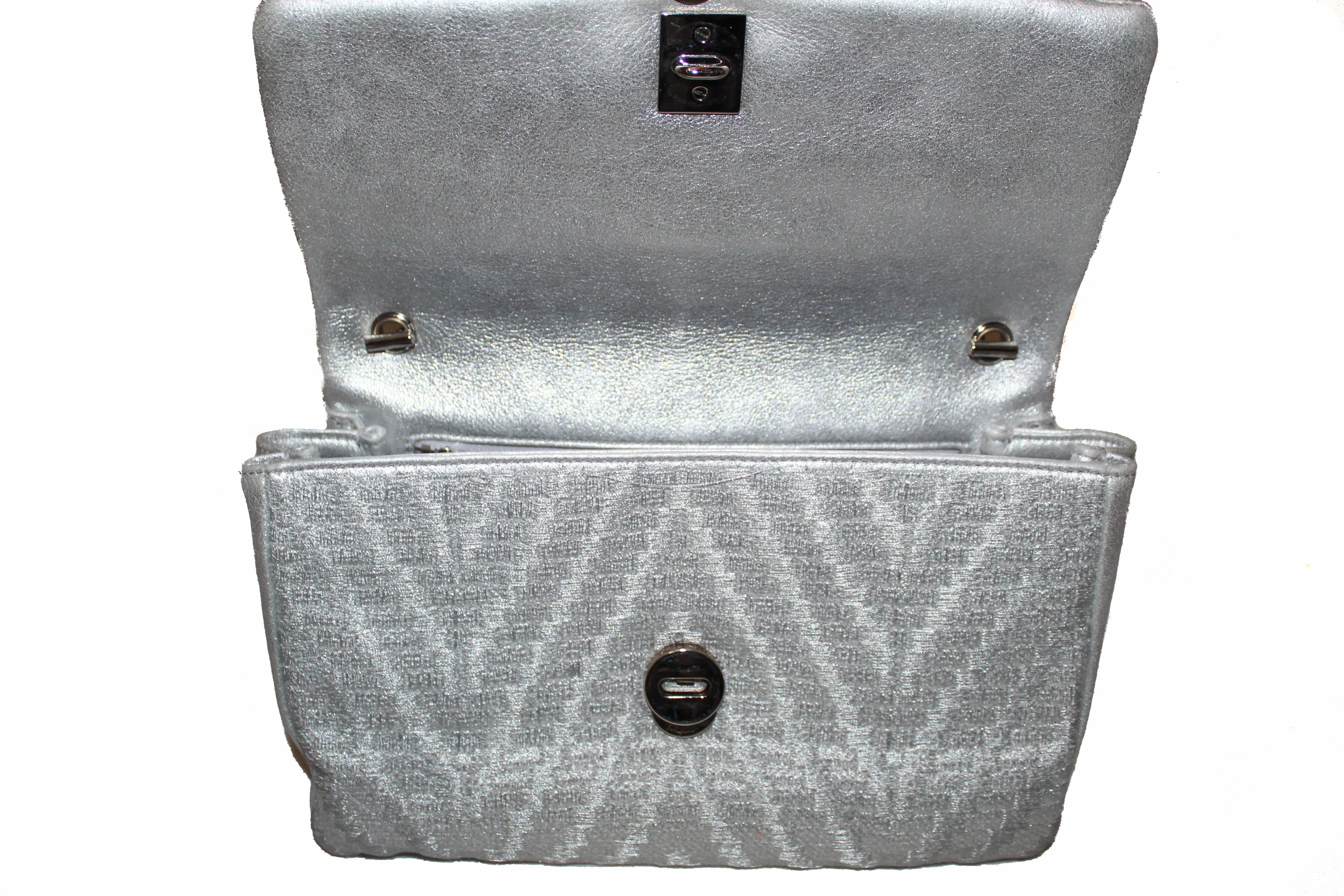 Authentic Salvatore Ferragamo Metallic Silver Tweed & Leather Clutch with Silver Chain Bag AU-21/G193