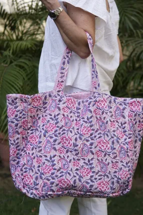 Beach Bag, XL cotton, block print and contrast lining with pocket. large beach bag, large tote bag