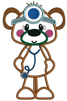 Bear Doctor With Stethoscope Applique Machine Embroidery Design Digitized Pattern