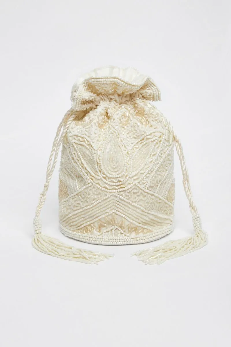 Beatrice Hand Embellished Fringe Bucket Bag in Cream