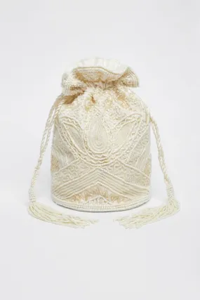 Beatrice Hand Embellished Fringe Bucket Bag in Cream