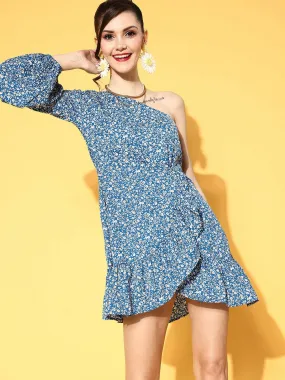 Berrylush Women Blue & Off-White Floral Printed One-Shoulder Neck Tulip Hem A-Line Mini Dress