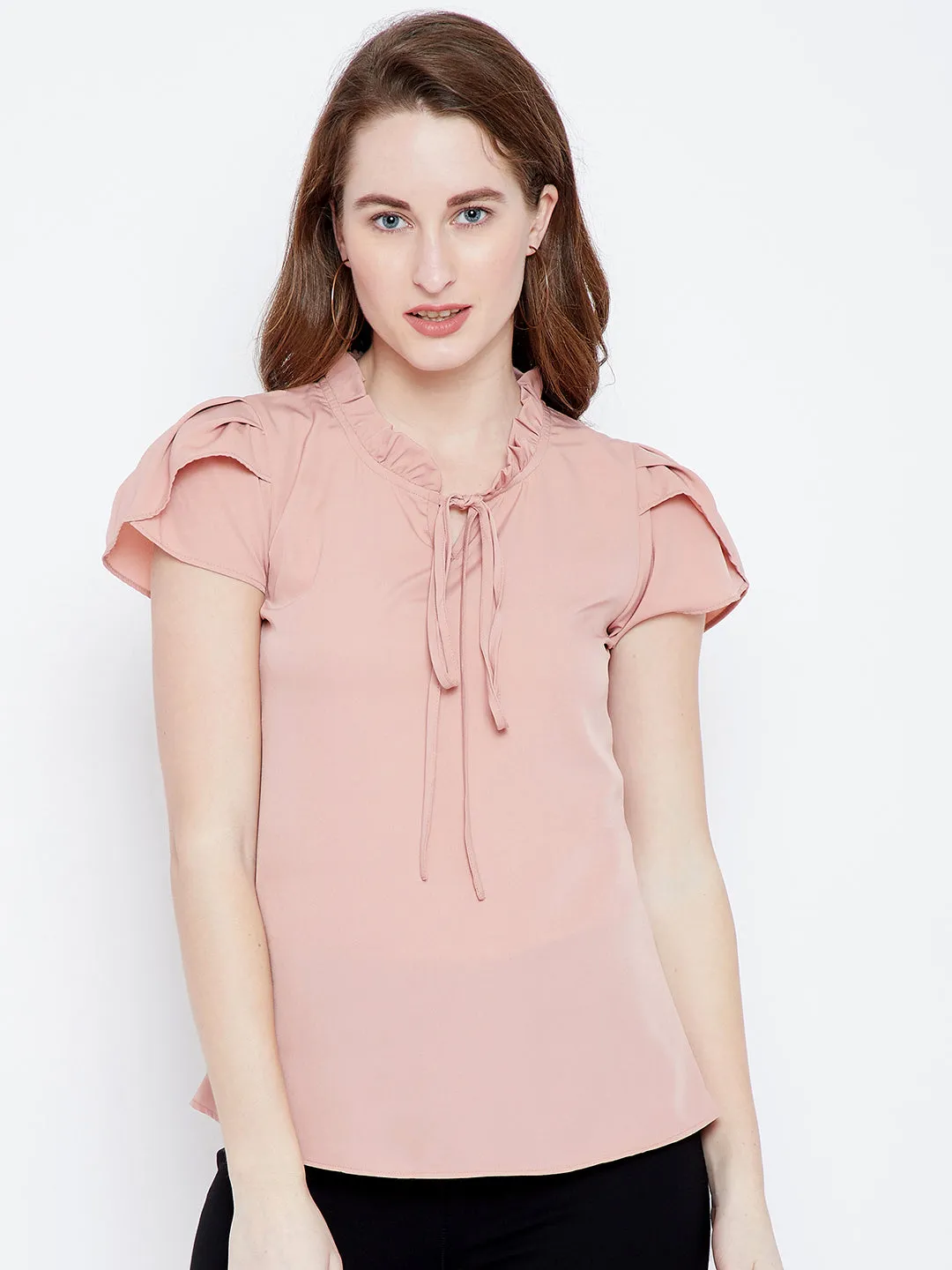 Berrylush Women Solid Pink Tie-Up Neck Crepe Ruffled Regular Top