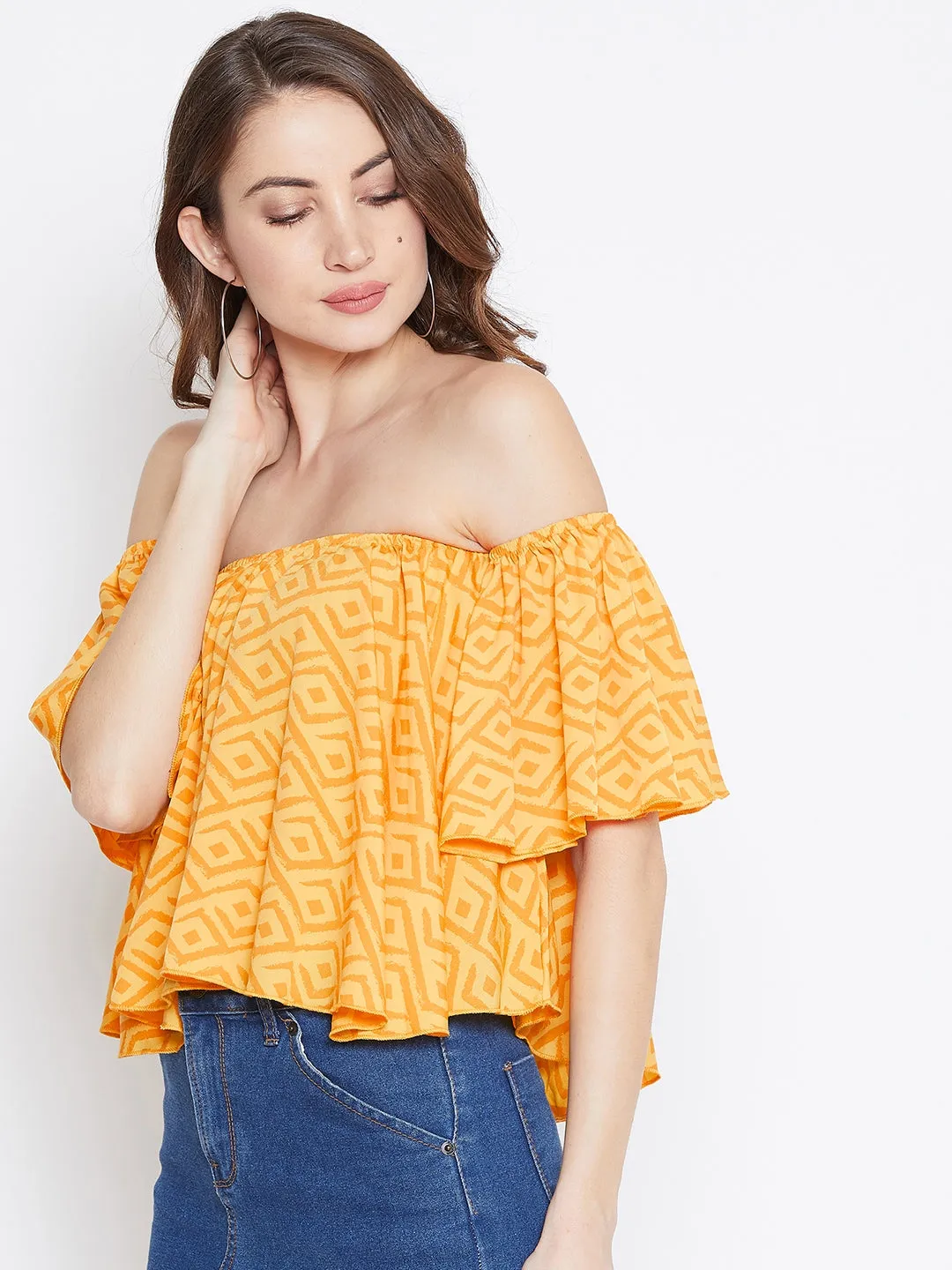 Berrylush Women Yellow & Orange Geometric Printed Off-Shoulder Pleated Bardot Top