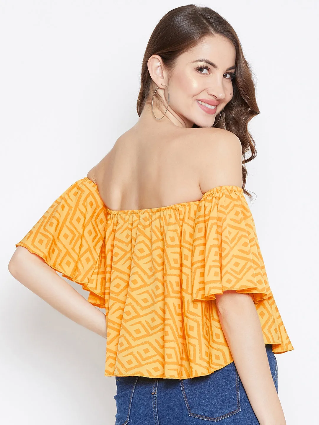 Berrylush Women Yellow & Orange Geometric Printed Off-Shoulder Pleated Bardot Top