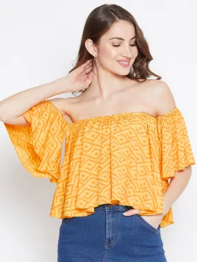 Berrylush Women Yellow & Orange Geometric Printed Off-Shoulder Pleated Bardot Top