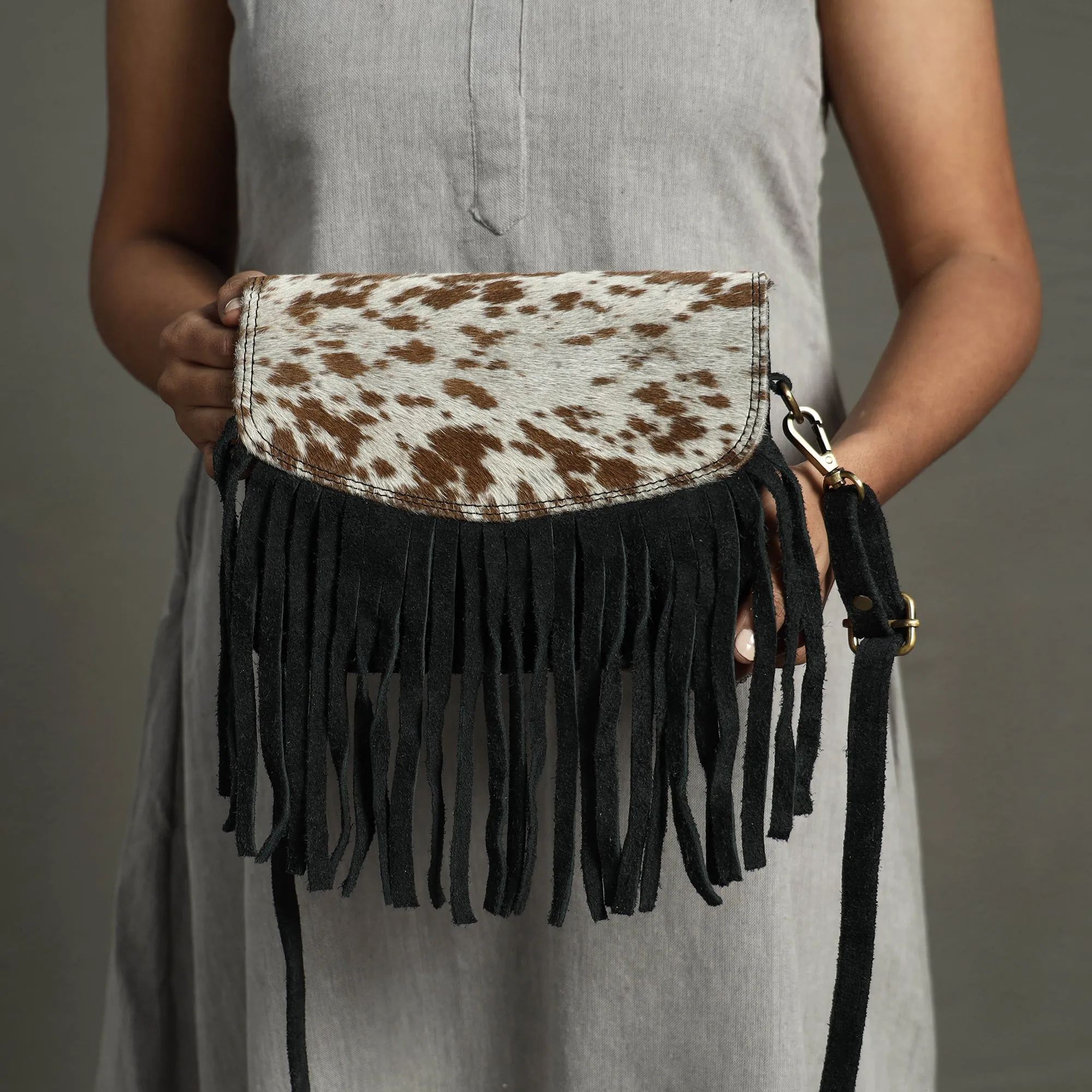 Black - Handcrafted Suede Leather Fringe Sling Bag