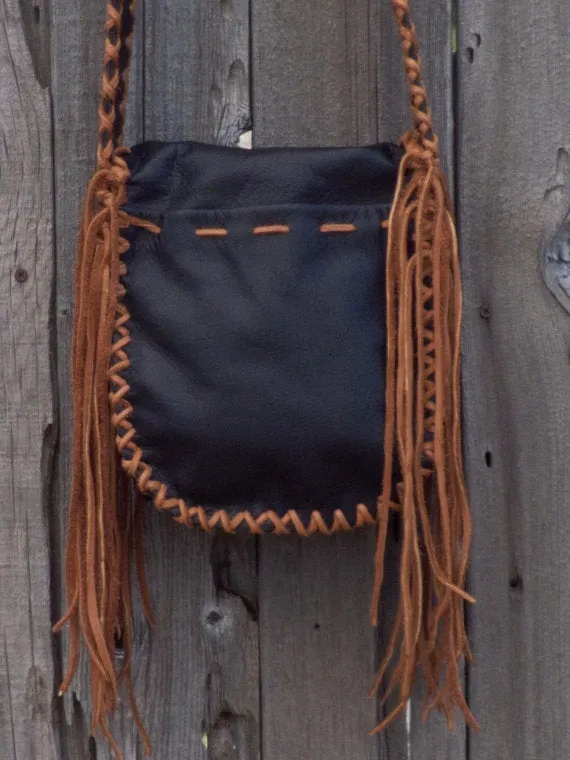 Black leather bag with fringe . Black leather crossbody bag , Possibles bag