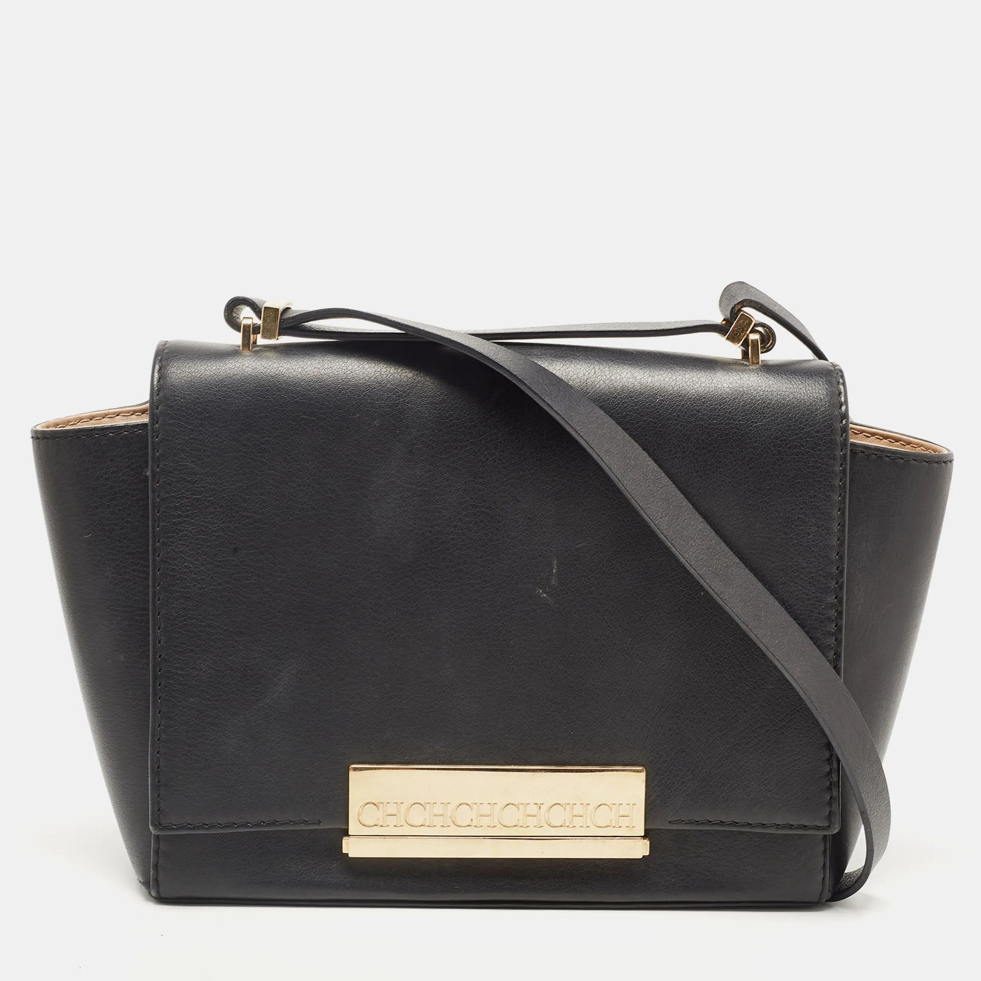 Black Leather Logo Metal Flap Shoulder Bag