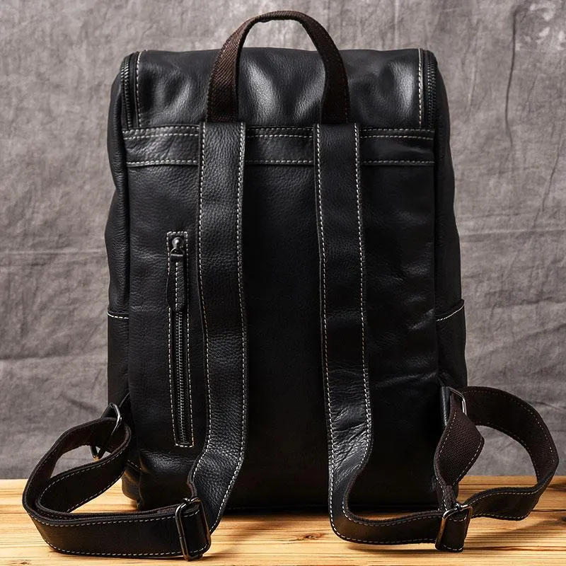 Black Leather Mens 14" Laptop Backpack Backpack Travel Backpack College Backpack for Men