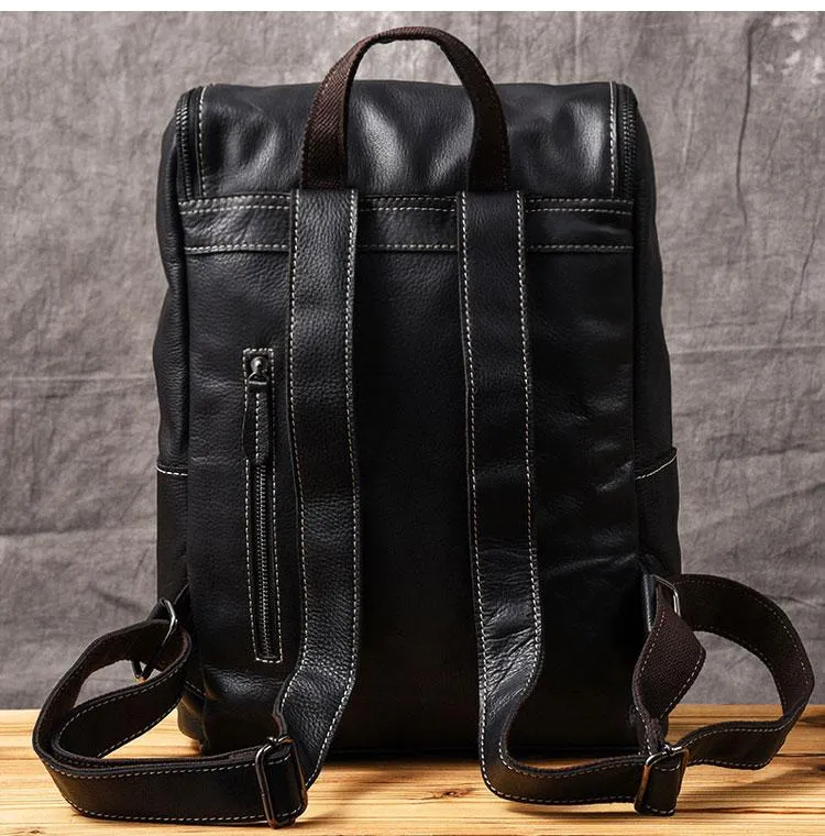 Black Leather Mens 14" Laptop Backpack Backpack Travel Backpack College Backpack for Men