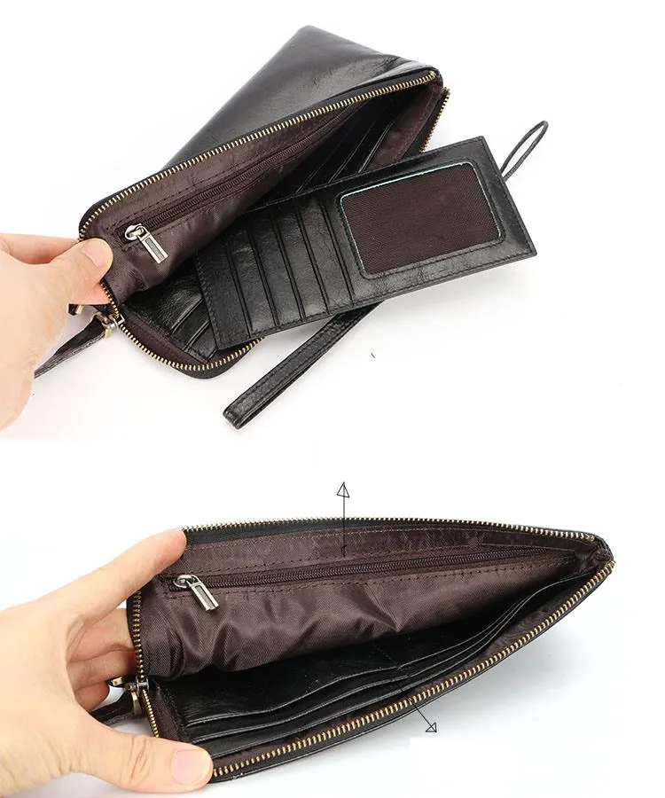 Black Leather Mens Long Wallet Zipper Clutch Wallet Brown Wristlet Long Wallet For Men