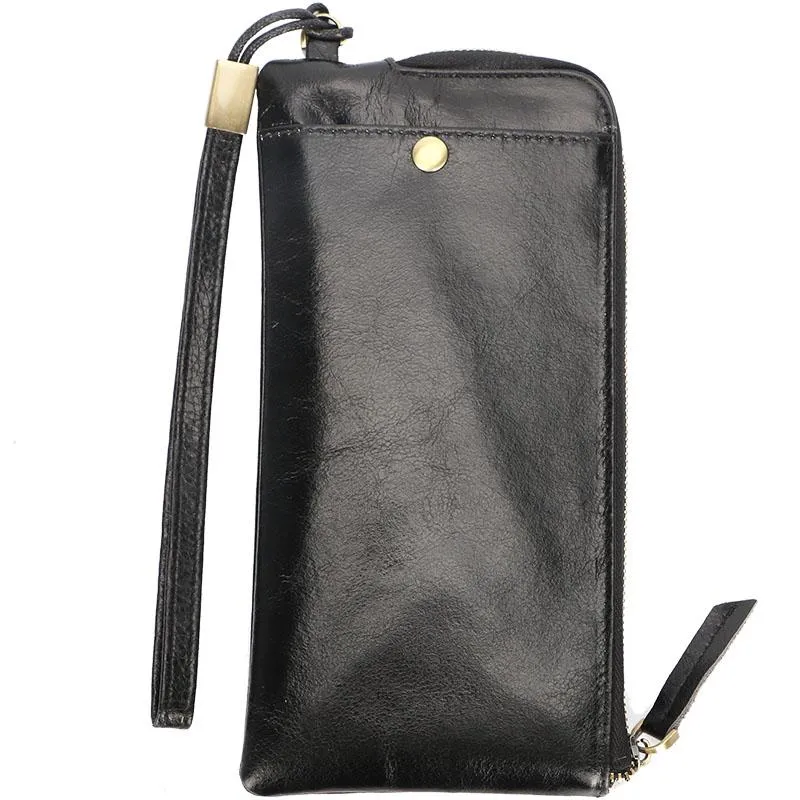 Black Leather Mens Long Wallet Zipper Clutch Wallet Brown Wristlet Long Wallet For Men