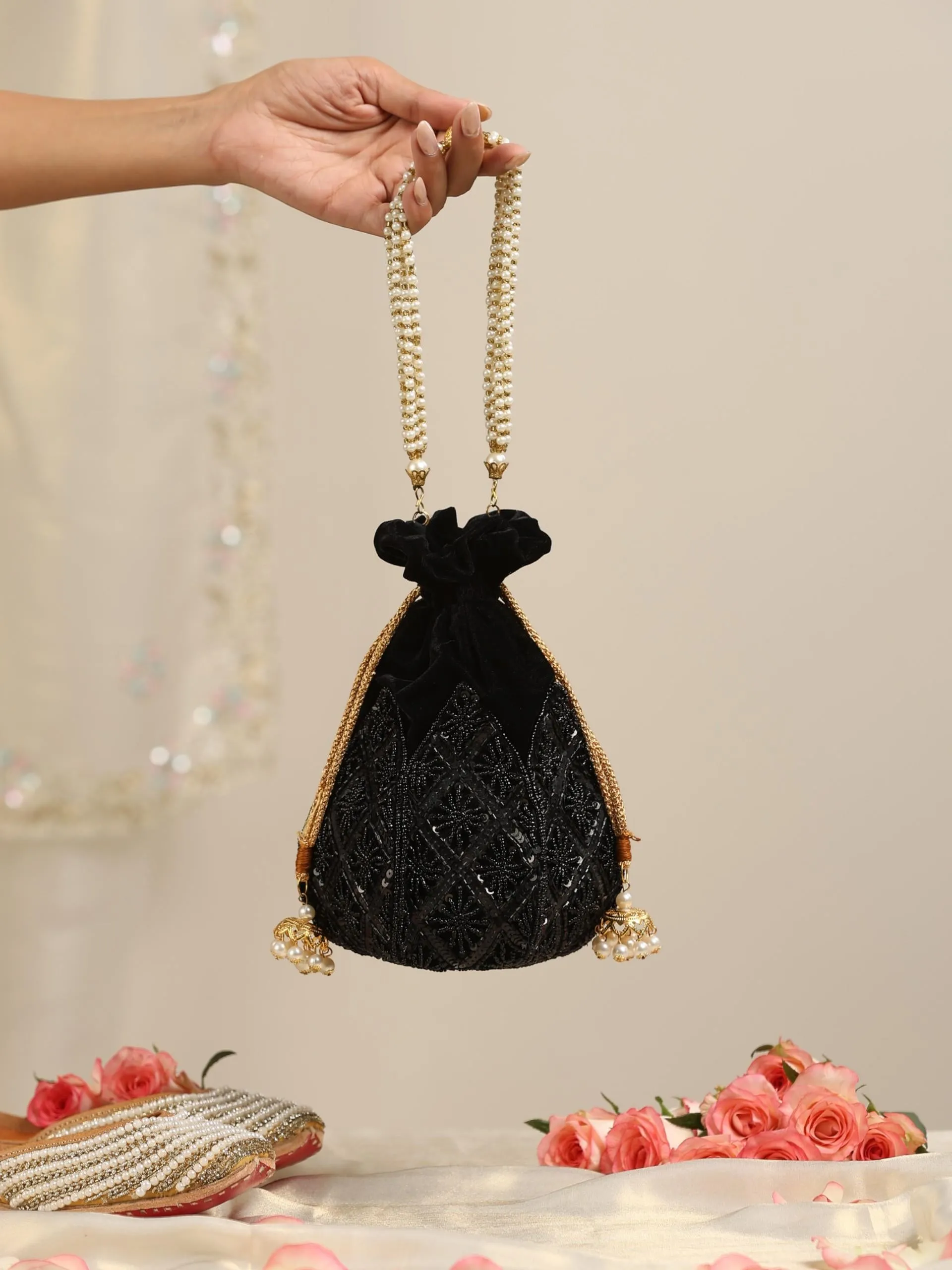 Black on Black Embroidered Lotus Potli Bag