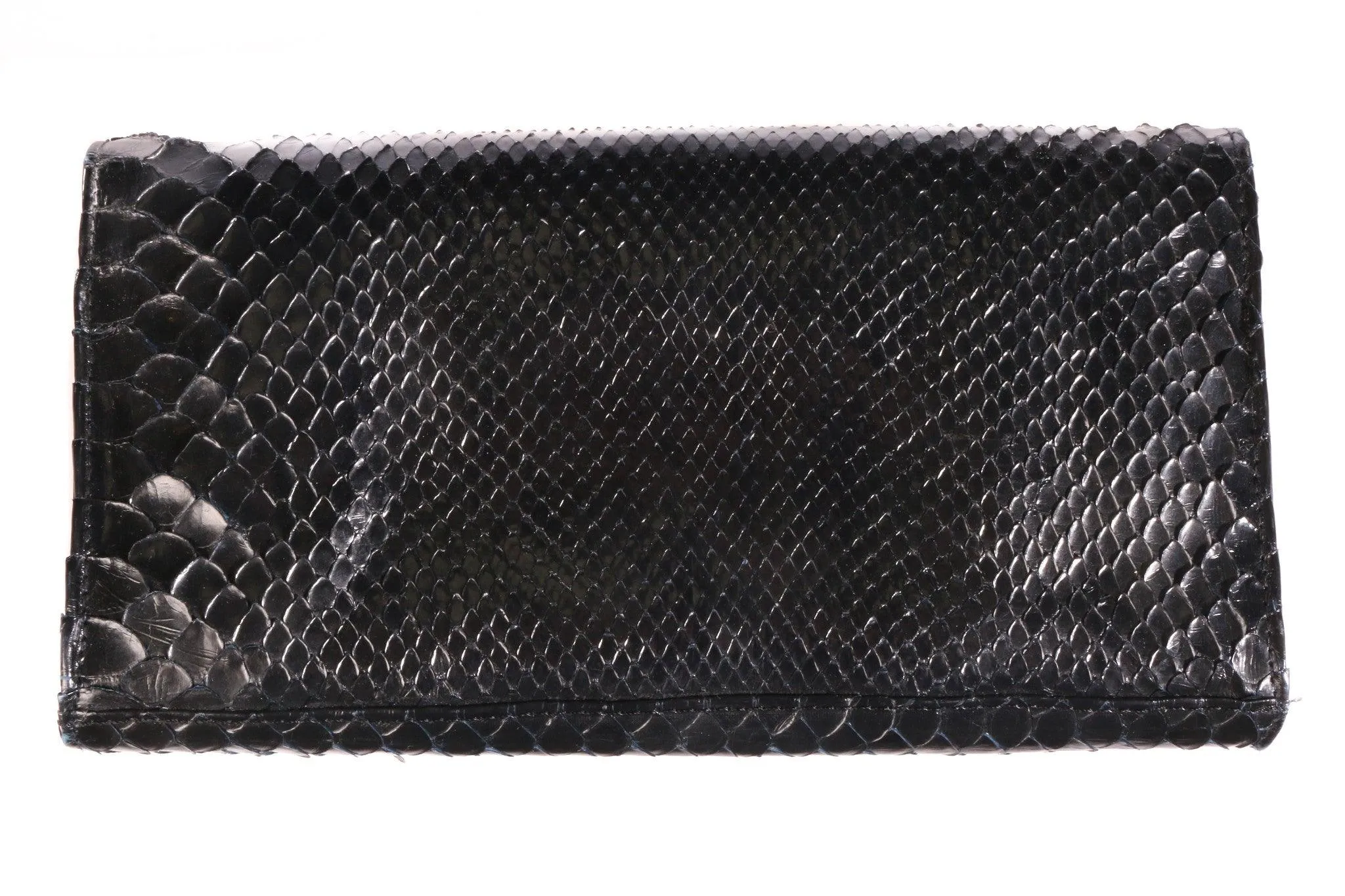 Black Snakeskin Clutch Bag with Gold Toned Edging and Long Gold Chain