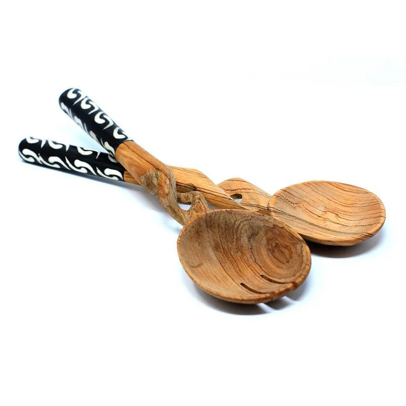 Braided Olive Wood and Bone Handles Salad Serving Set