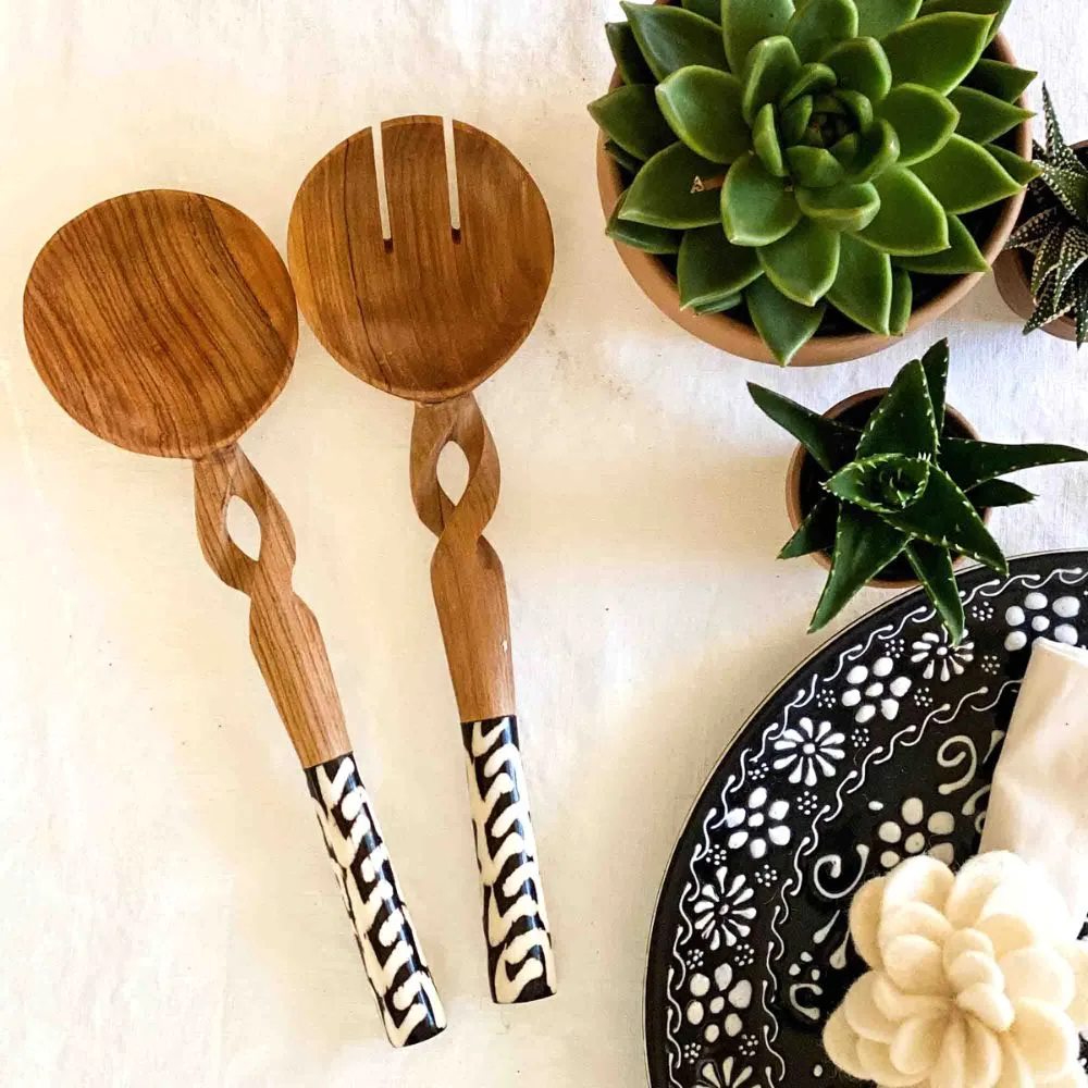 Braided Olive Wood and Bone Handles Salad Serving Set