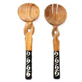 Braided Olive Wood and Bone Handles Salad Serving Set