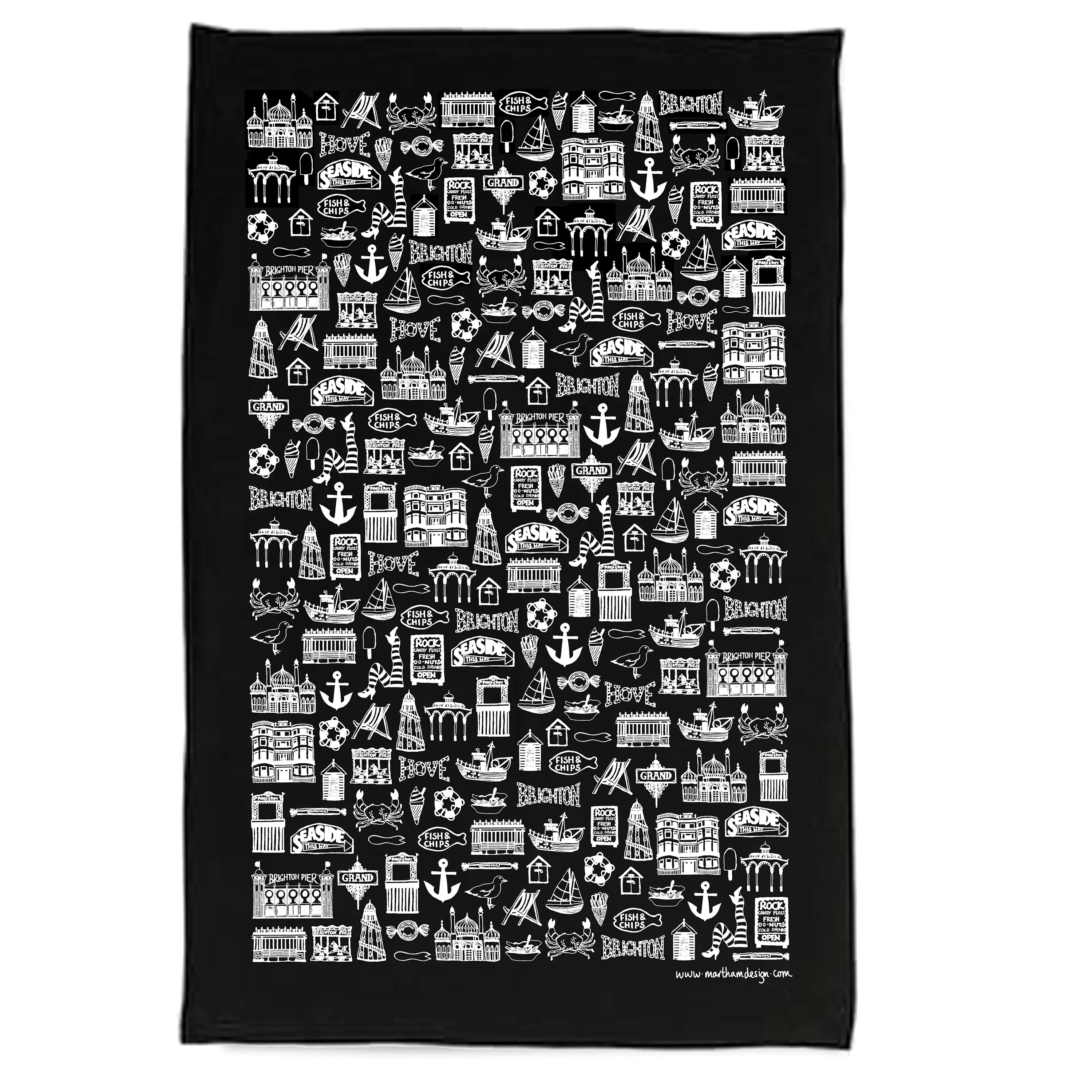 Brighton black illustrated tea towel