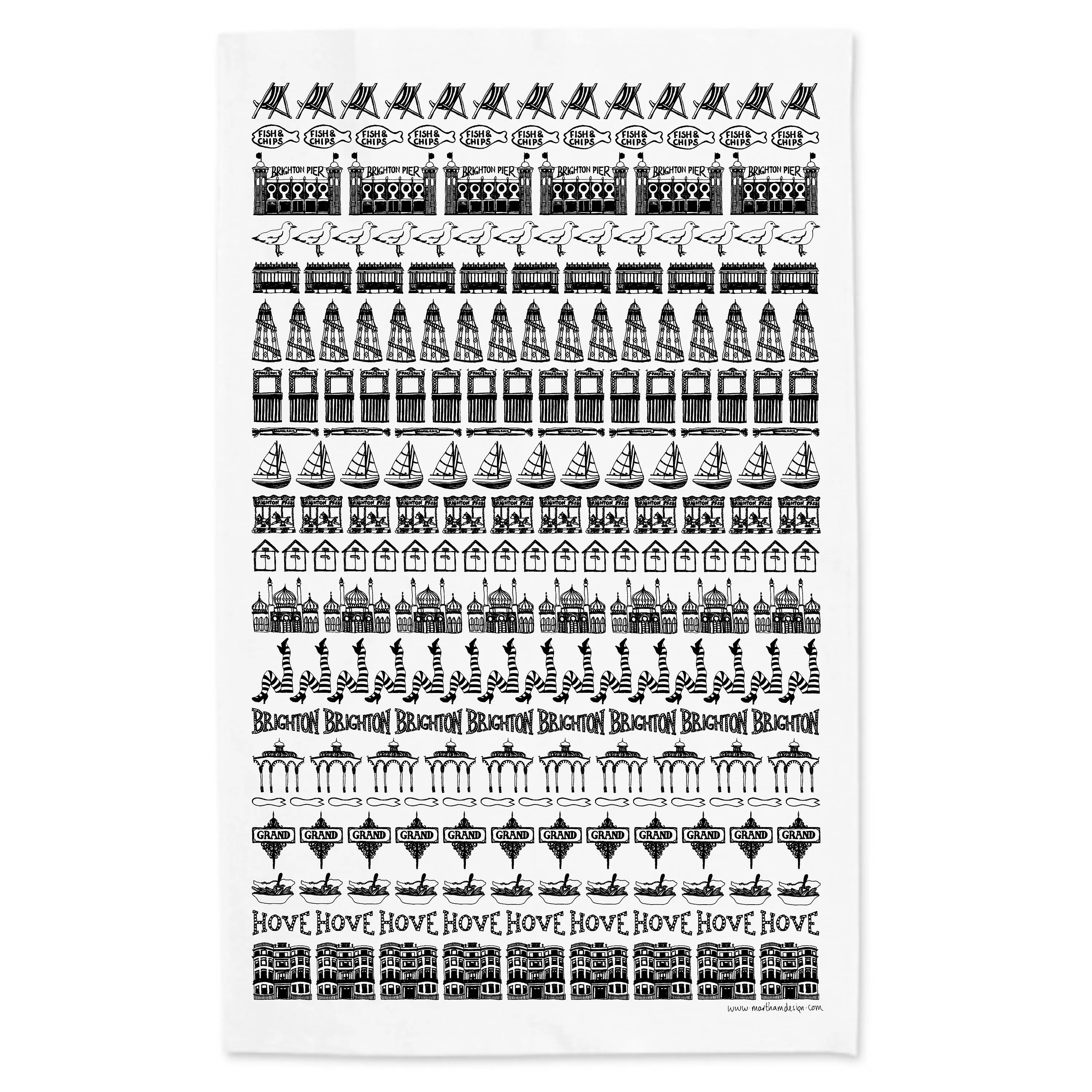 Brighton Row Illustrated Black And White Tea Towel