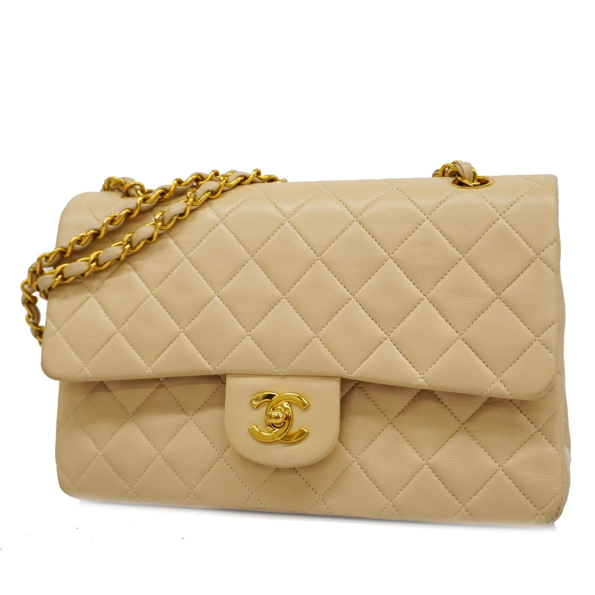 CHANEL  Matelasse W Flap W Chain Women's Leather Shoulder Bag Beige