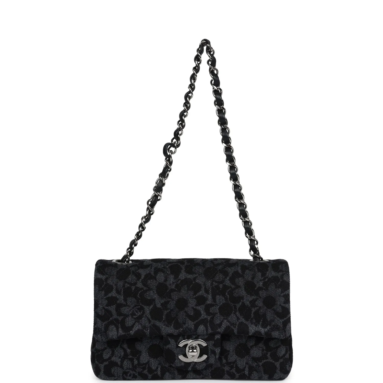 Chanel Mini Rectangular Flap Black and Dark Blue Printed Denim Ruthenium Hardware