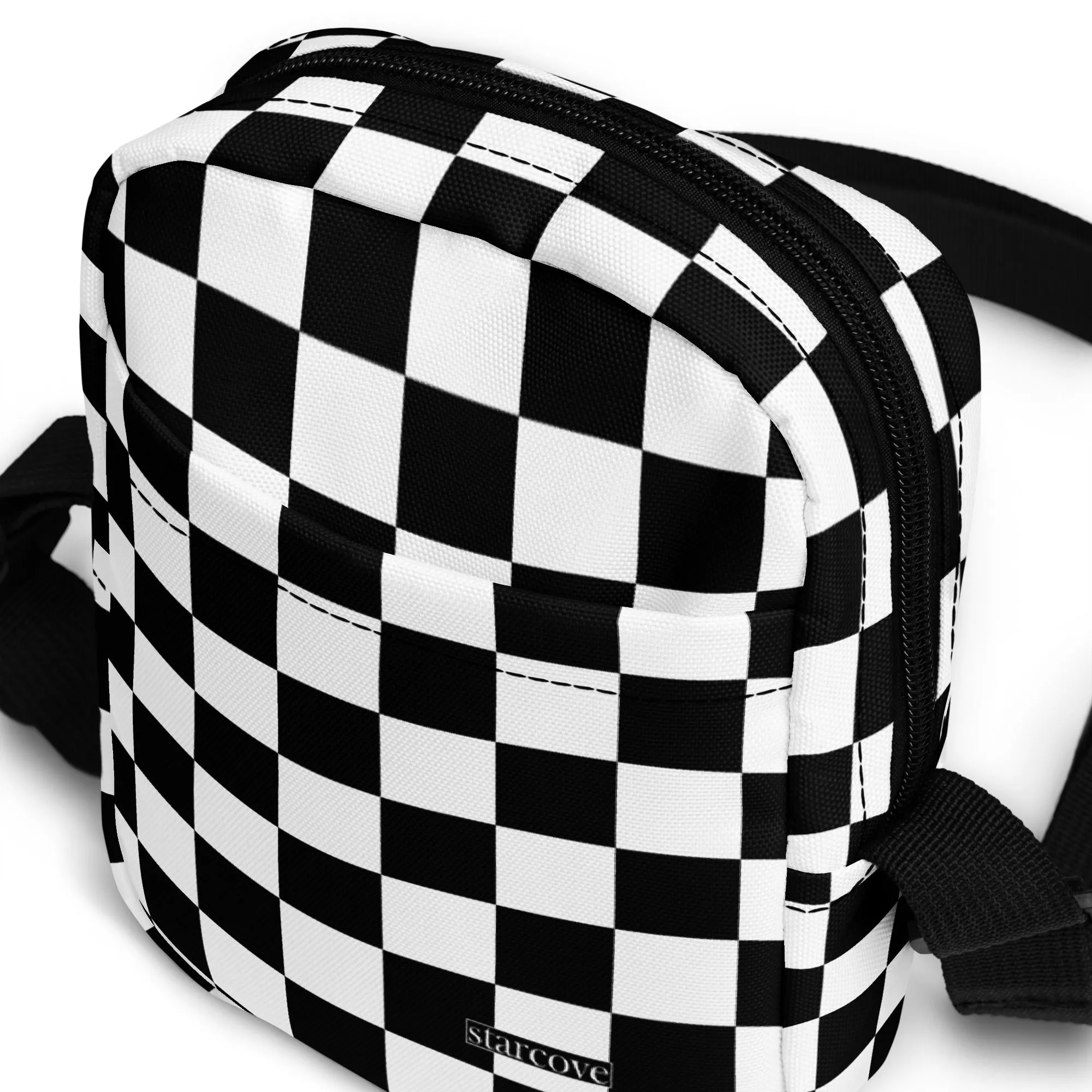 Checkered Crossbody Bag Purse, Black White Check Women Men Phone Small Handbag Shoulder Zipper Ladies Zip Strap Designer Summer Cross Body