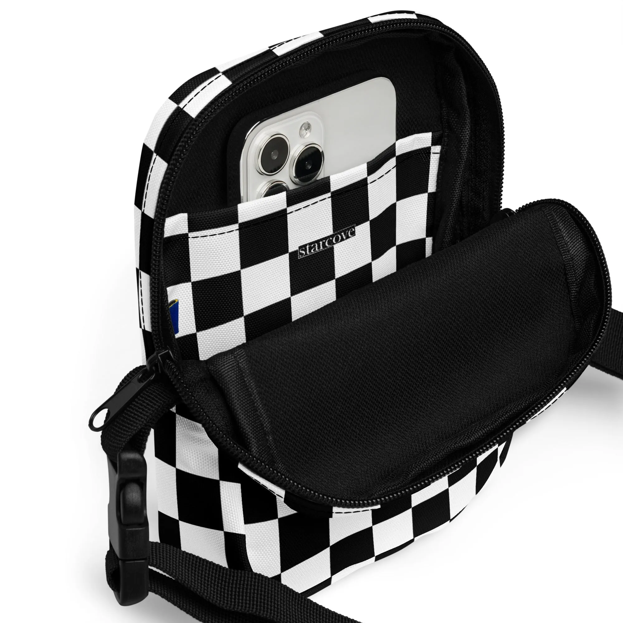 Checkered Crossbody Bag Purse, Black White Check Women Men Phone Small Handbag Shoulder Zipper Ladies Zip Strap Designer Summer Cross Body