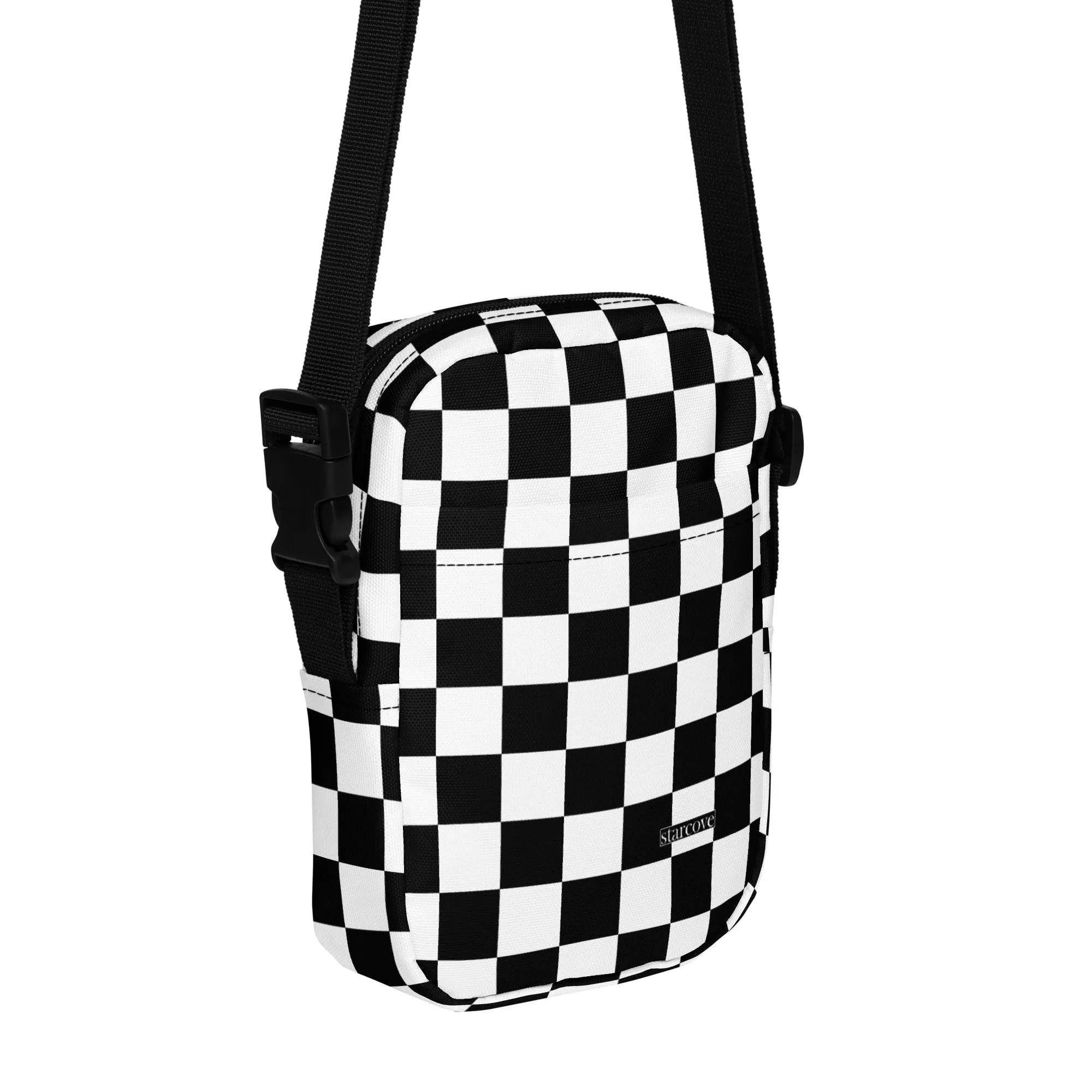 Checkered Crossbody Bag Purse, Black White Check Women Men Phone Small Handbag Shoulder Zipper Ladies Zip Strap Designer Summer Cross Body