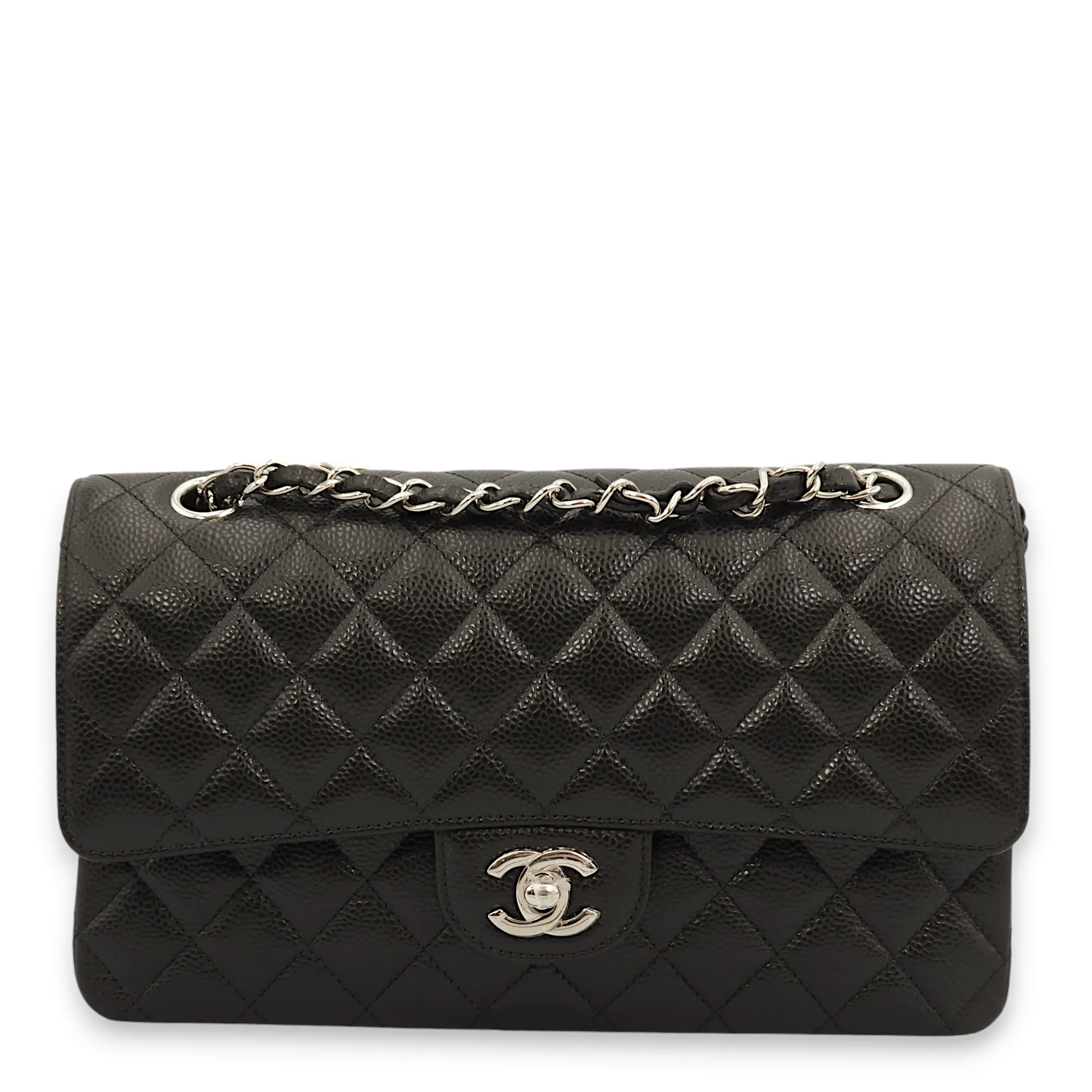 Classic Double Flap Medium Black Shoulder Bag in Caviar Leather, Palladium hardware