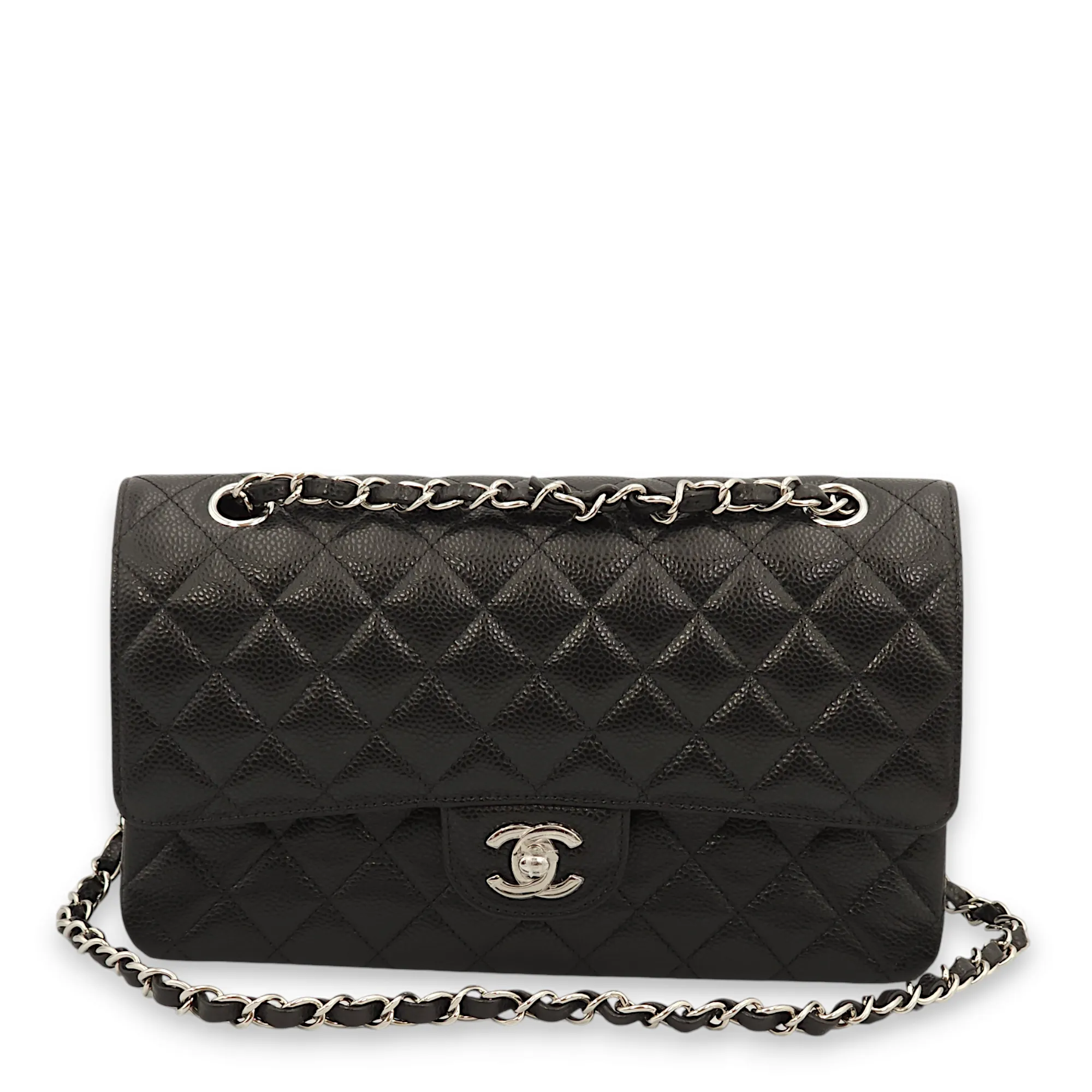 Classic Double Flap Medium Black Shoulder Bag in Caviar Leather, Palladium hardware