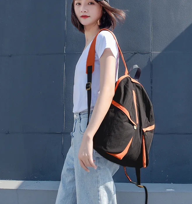 Color Block Cotton Casual Backpack Women Shoulder Bag 6687