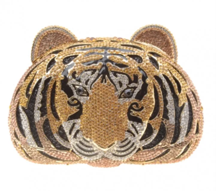 Crystal Embellished Tiger Head Evening Clutch