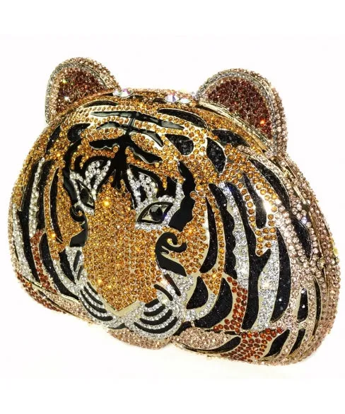 Crystal Embellished Tiger Head Evening Clutch